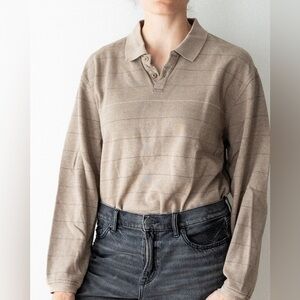 Men’s Large Tan Striped Long Sleeve Polo Shirt